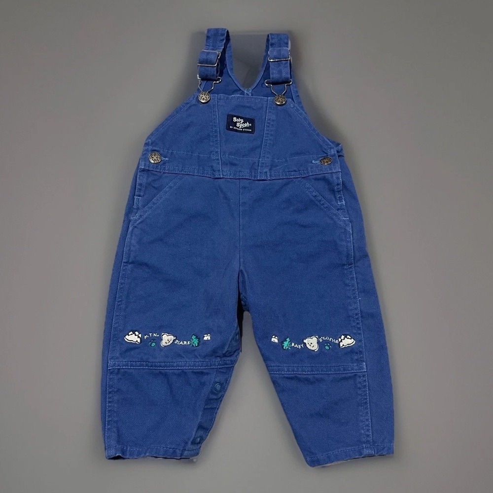 Vintage 80s OshKosh B'Gosh Kids Blue Cotton MTN Bears Embroidered Overalls 18M